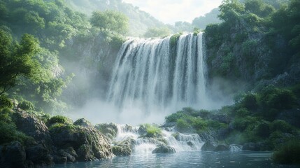 Fototapeta premium Serene Waterfall in Lush Forest: A breathtaking view of a cascading waterfall surrounded by vibrant green foliage, mist softly veiling the scene.