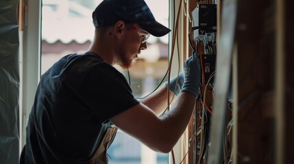 An electrician meticulously wiring in a bright, airy space, showcasing concentration and technical skill in his work.