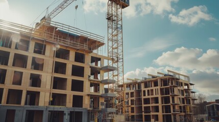 An under-construction building site with cranes, scaffolding, and unfinished structures set against a bright, partly cloudy sky.