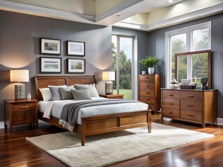 Fototapeta premium A calming retreat features brown wood accents, including a sturdy armchair, paired with soft gray walls, creating a