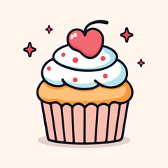 Delicious Cupcake with Whipped Cream and Cherry Sweet Dessert Vector Illustration