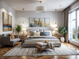 Fototapeta premium A calming retreat features white walls, minimalist furniture, and a touch of personality through a statement painting