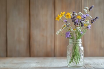 Minimalist wildflower arrangement in a glass jar for rustic decor.