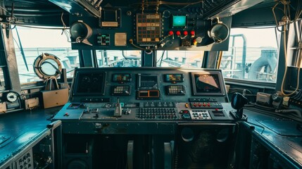 Fototapeta premium A ship's control room brimming with intricate dials, monitors, and controls, revealing the sophistication and complexity of seafaring technology.