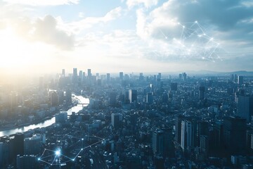 An Aerial View of a Modern City with a Network of Connections in the Sky