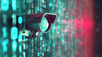 A security camera against a backdrop of green and red binary code, representing the blend of surveillance and digital technology in a modern, cyber world.
