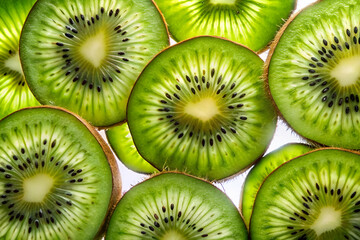 Fototapeta premium A close up of a green kiwi fruit with black seeds. The image is a collage of kiwi slices, creating a visually appealing and colorful display