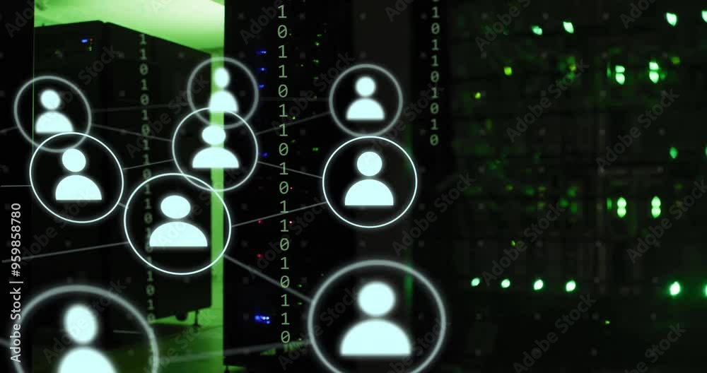 Poster network of connected user icons animation over server room background