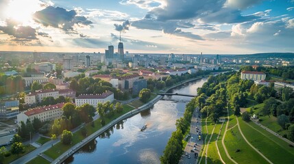 Aerial View of Vilnius, Lithuania with the Neris River