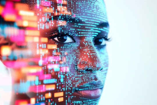 Close-up of a young African American woman with colored glowing digital network data connection on her face