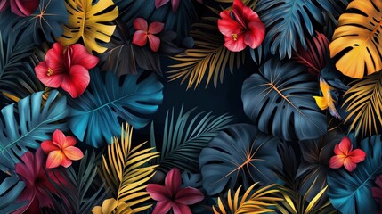 Lush botanical pattern with tropical leaves and vibrant flowers for decorative design.