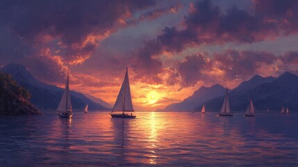 Sunset Sailboats: Serene landscape painting of sailboats at sunset. Peaceful, dreamy atmosphere. Perfect for travel, adventure, or relaxation themes. 