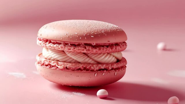 Pink macaron with cream filling and sugar sprinkles on pastel pink background, dessert styling. Sweet and delicate food concept