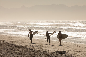 Muizenberg, South Africa - 12 October 2020: View of surfers enjoying the beautiful beach and ocean, Muizenberg, South Africa.