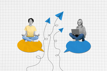Trend artwork sketch image composite photo collage of young two lady sit speech textbox cloud copybook page hold laptop send sms plane