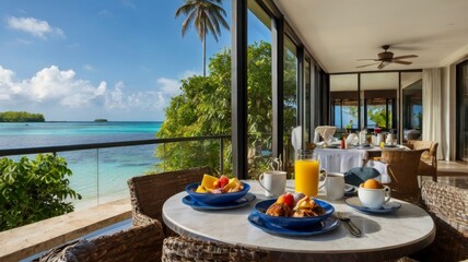 Fototapeta premium Tropical island balcony breakfast with lagoon view 