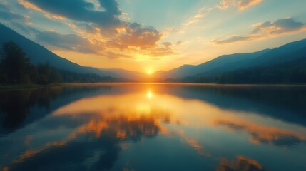 Fototapeta premium Golden Hour Serenity: A tranquil lake mirroring the vibrant hues of a breathtaking sunset. The serene mountain landscape provides a breathtaking backdrop to this captivating scene.