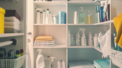 An immaculately organized storage shelf filled with cleaning supplies and household products, exemplifying tidiness and efficiency in a utility space.