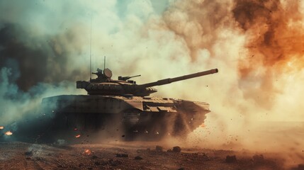 Obraz premium A tank emerges through a cloud of smoke, creating a dramatic scene of power, conflict, and tension.