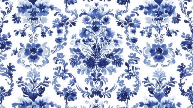 Delft blue inspired floral pattern for decorative and textile design.
