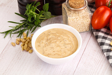 Delicious walnut creamy sauce in the bowl