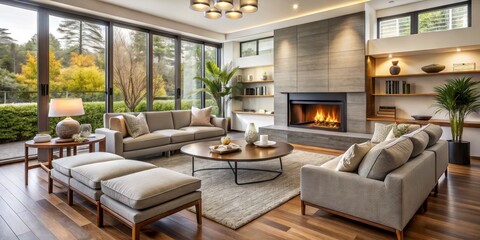 Fototapeta premium A cozy modern living room is defined by a stylish sofa, accent chairs, and a plush ottoman, arranged
