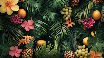 Fototapeta premium Vivid tropical design featuring lush palm leaves, exotic flowers, and fresh fruits for summer decor.
