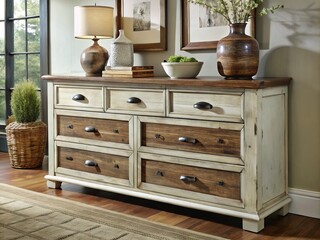 Fototapeta premium A distressed bedroom dresser stands out in the room's decor, its contrasting white and brown tones adding rugged