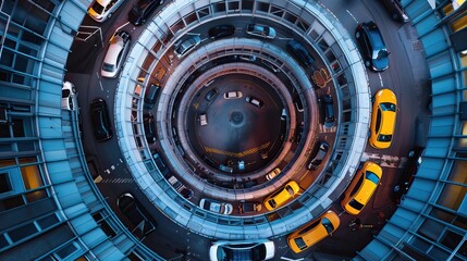 Aerial View of a Spiral Parking Garage