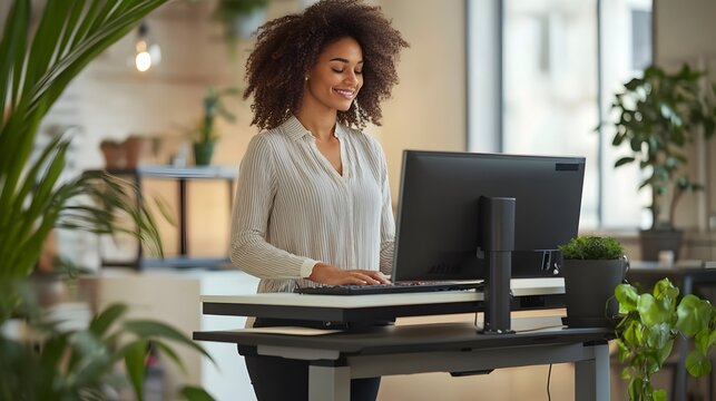 Woman using standing desk in modern office for improved ergonomics and wellness