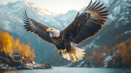 Obraz premium Bald Eagle in Flight over Mountains