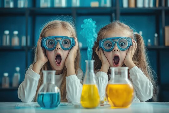 kids science testing in laboratory and surprise excite.