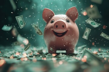 Pink piggy bank and banknote falling from the air. Saving money success concept. 