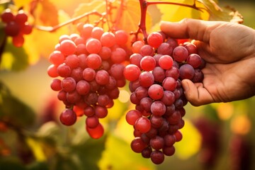 Harvesting ripe red grapes in a sunlit vineyard during autumn season