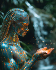 Futuristic figure covered in glowing digital patterns, holding a reflective orb. Body is covered with sparkling, light-filled designs, cosmic or technological connections and energy flows.