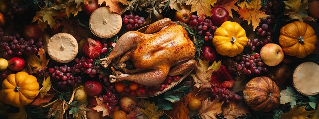 horizontal image, top view of a classic thanksgiving dinner on a blue isolated background with copy space for text. For banner, design, cover, etsy, shop, thumbnail, blog, social media, linkedin