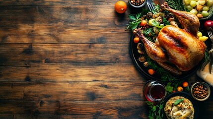 horizontal image, top view of a classic thanksgiving dinner on a wooden isolated background with copy space for text. For banner, design, cover, etsy, shop, thumbnail, blog, social media, linkedin