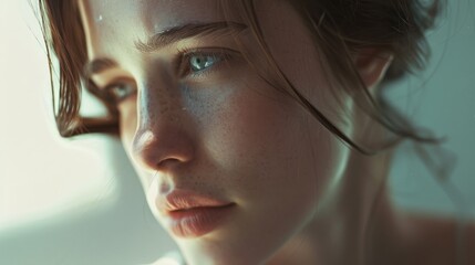 A portrait of a young woman with piercing blue eyes softly gazing out, illuminated by gentle natural light, capturing her delicate features and expression.