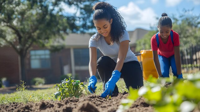 Teacher and students cleaning up the schoolyard together - Powered by Adobe