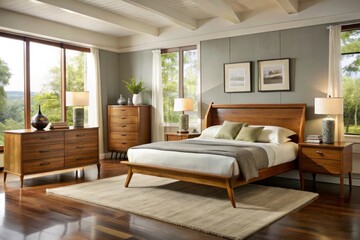 Fototapeta premium A masterfully crafted mid-century modern bedroom suite showcases the beauty of warm fruitwood, its sleek lines and