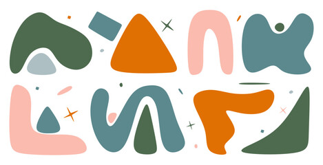 Hand drawn doodle different shapes and elements for modern graphic design decoration. Colored various objects and forms isolated on white background. Minimal abstract elements. Vector