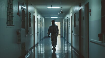 A solitary figure walks down a dimly lit hospital corridor, their back turned, in a scene filled with quiet tension and solitude.