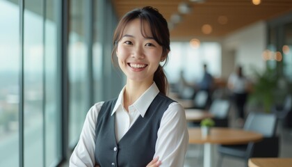A confident businesswoman smiles while standing in a modern office with large windows, showcasing professionalism and approachability.