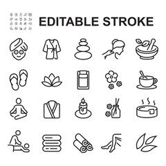 Fototapeta premium Contains icons such as relax, facial, massage, meditation. Thin line style illustration. 