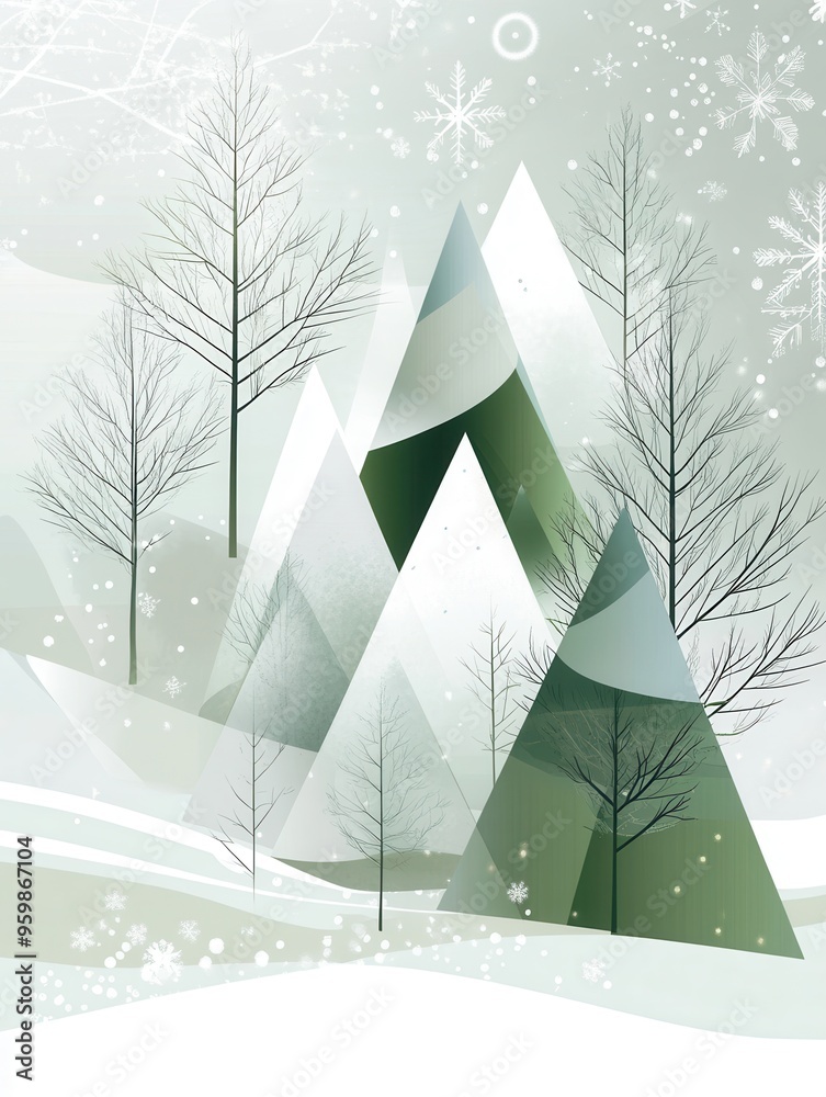 Poster Abstract triangular trees of different sizes create a unique winter forest surrounded by snow and delicate snowflakes falling gently. Generative AI