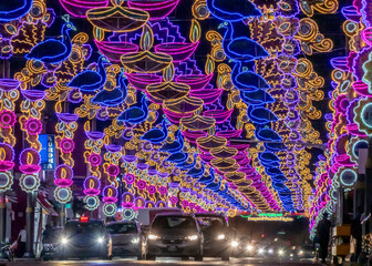 View of colourful street lights and decorations during Deepavali celebration, Serangoon Road, Singapore.