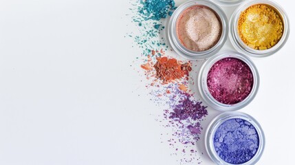 Multicolored pigments in round containers are scattered across a white surface, creating an artistic, visually striking composition of vibrant, textured hues.