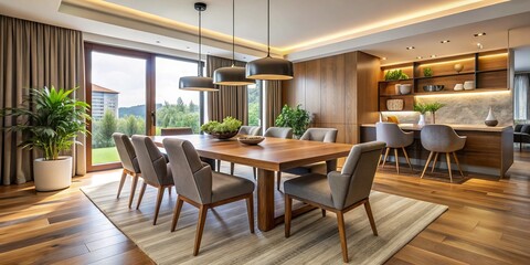 In this modern dining room, a beautiful wooden table and comfortable chairs are paired with stylish furniture, making