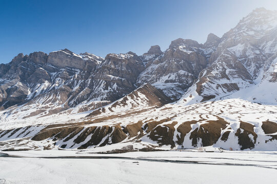 View of snow mountains and frozen rivers in winter, Pin Parvati Valley, Himachal Pradesh, India.