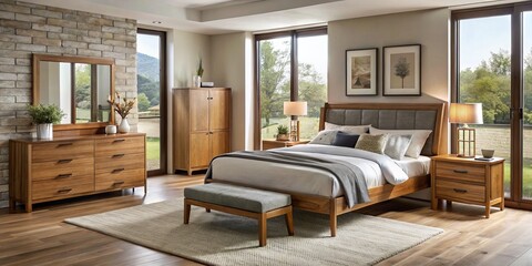 Fototapeta premium A modern bedroom furniture set boasting sleek lines, warm wood tones, and soft upholstery creates a cozy retreat
